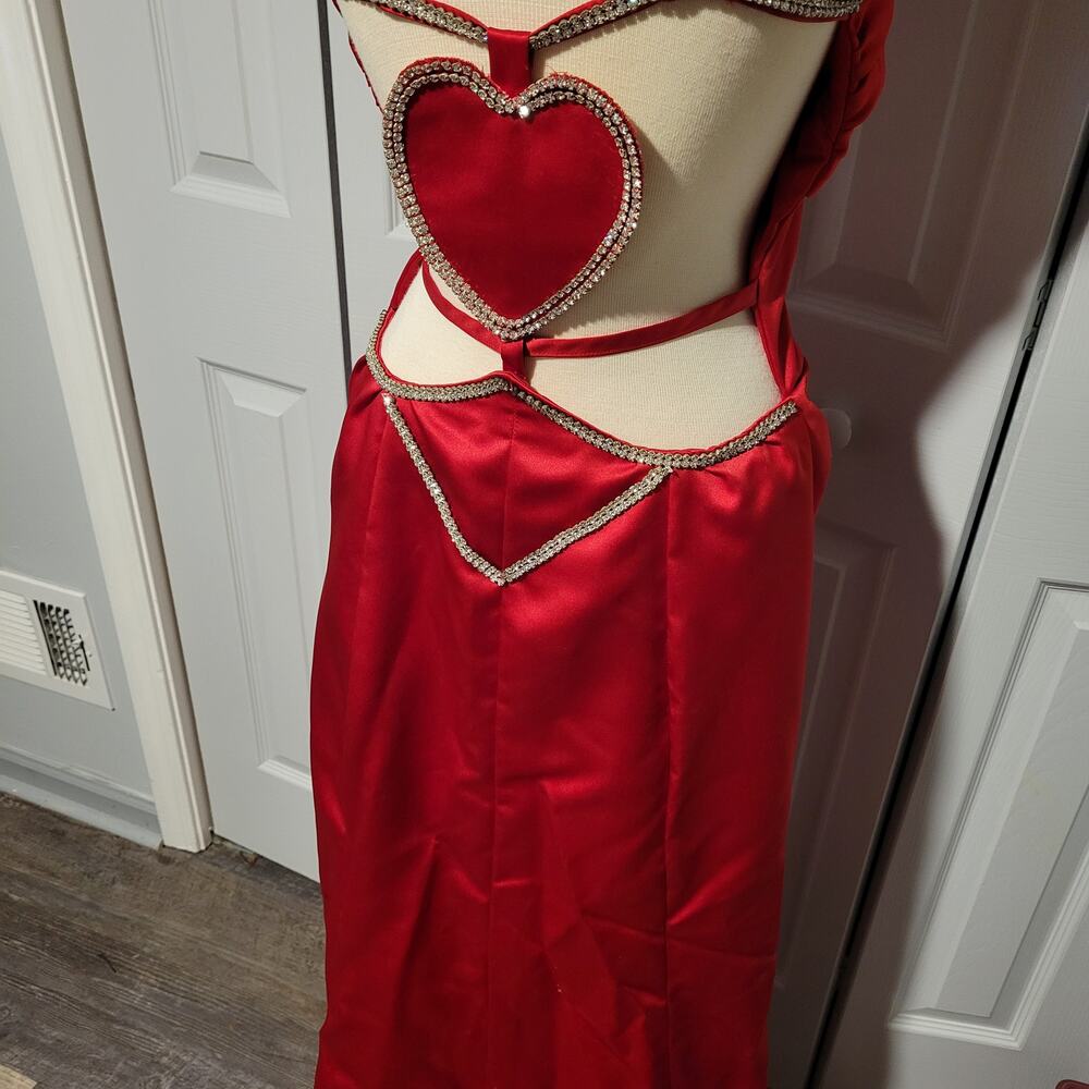 Y2K Red Satin Gown Spaghetti Straps Ruched Cutout Slit Train Size 2-4 Handmade - Picture 6 of 14